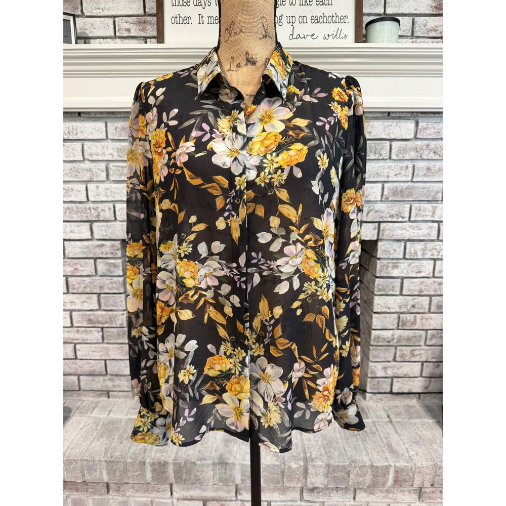 Generation Love Floral Blouse Womens Medium Black Yellow Sheer‎ Hidden Button